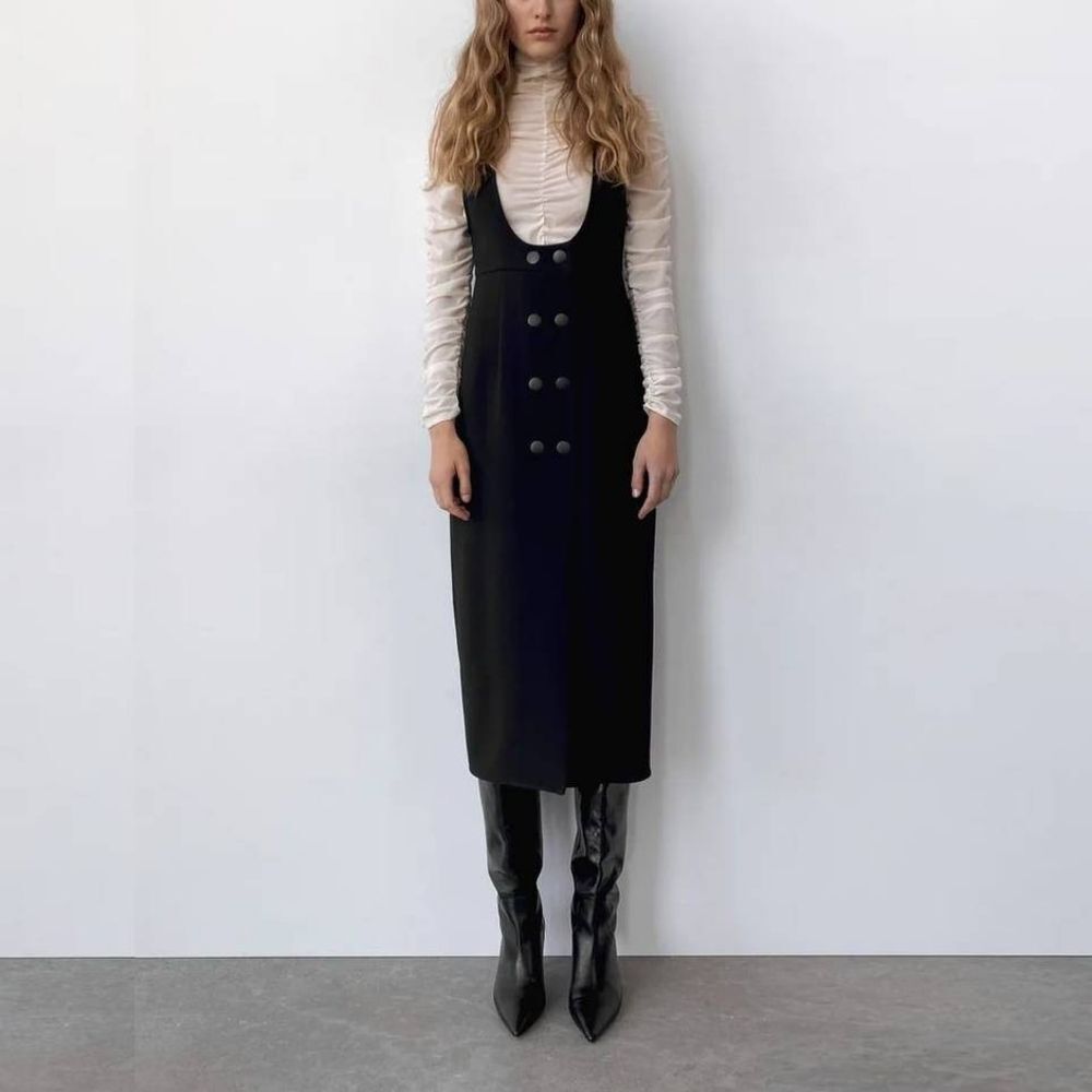 Zara Pinafore Double Breasted Midi Dress in Black